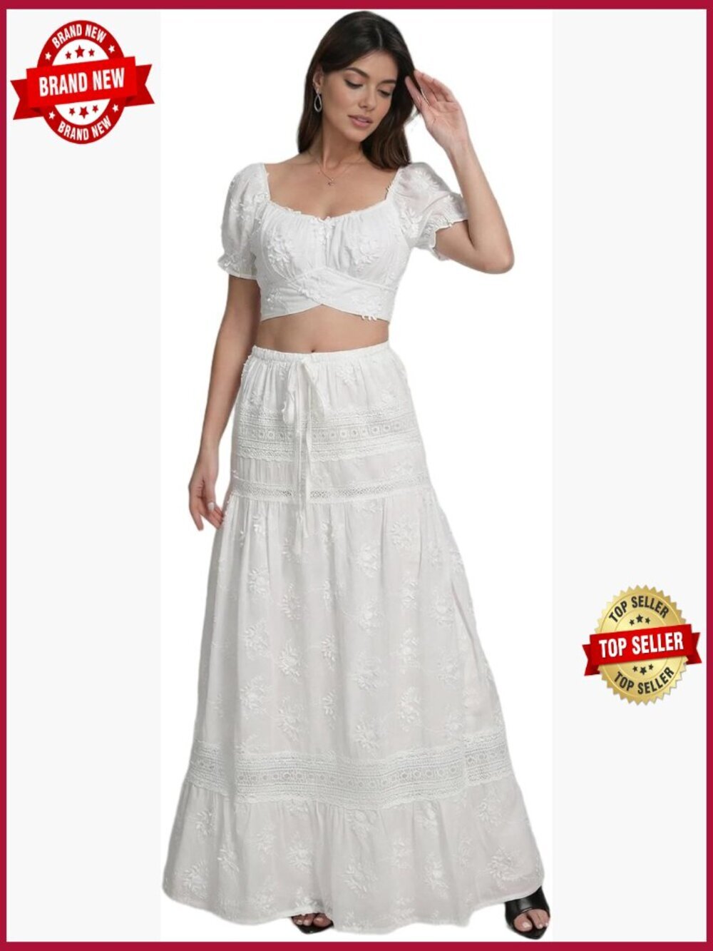 Women's Two-Piece Cotton Cropped Top & Maxi Skirt Set Boho Embroidered